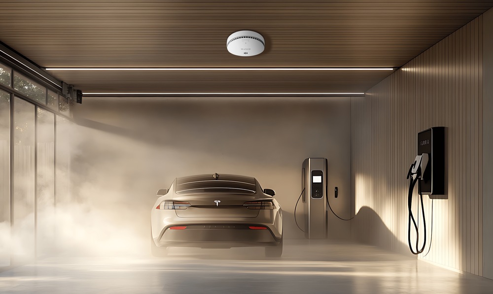 Na obrázku je moderná garáž s dreveným stropom a svetlými stenami. Uprostred stojí zozadu zaparkovaný svetlý elektromobil Tesla a napravo vedľa neho je nabíjacia stanica s pripojeným káblom. Na pravej stene je ešte ďalší nástenný box s káblom. V ľavej časti priestoru je ľahký dym alebo hmla, ktorá sa rozlieva pozdĺž podlahy ak stene.  Na strope uprostred je namontovaný okrúhly biely hlásič SAFE. Je zobrazený ako nenápadná súčasť priestoru, ktorá dohliada na bezpečnosť v garáži.