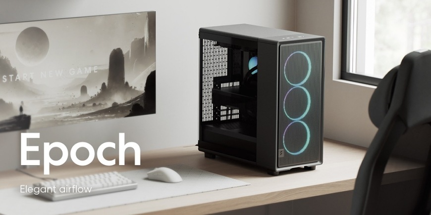 Case FRACTAL DESIGN Epoch Black TG RGB Light Tint čierna Skriňa umiestnená na pracovnom stole v minimalistickom interiéri, s viditeľným interiérom a nasvietenými RGB ventilátormi za čelným panelom.