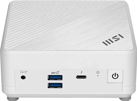 Mini PC MSI Cubi 5 spredu v bielom prevedení, s dvoma USB-A, USB-C, audio konektorom a tlačidlom napájania.