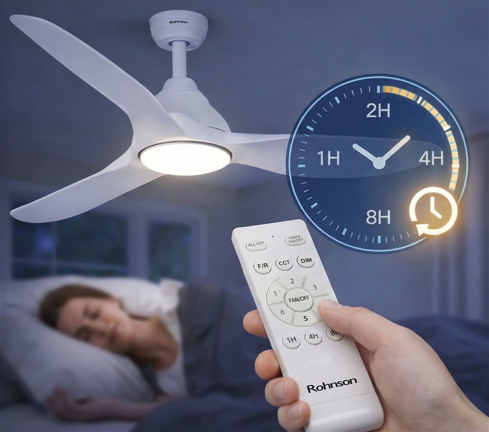 Stropný ventilátor Rohnson s LED svetlom v tmavom interiéri s diaľkovým ovládaním v detaile.