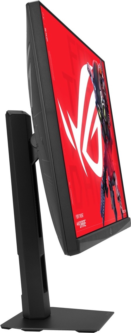 Herný monitor Asus ROG Strix XG27AQNGV čierny Na obrázku je herný monitor Asus ROG Strix XG27AQNGV 27" z bočného pohľadu. Monitor je naklonený dozadu, takže je vidieť jeho štíhle čierne telo, zadný kryt s herným vzorom a červená grafika na obrazovke. Displej drží výškovo nastaviteľný stojan s plochou hranatou základňou. V stojane.