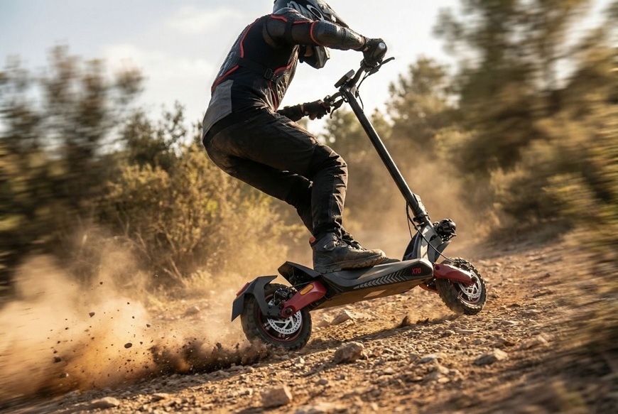 Elektrická kolobežka Sencor SCOOTER X70 čierna Elektrická kolobežka Sencor SCOOTER X70 pri športovej jazde po kamenistom terénnom chodníku.
