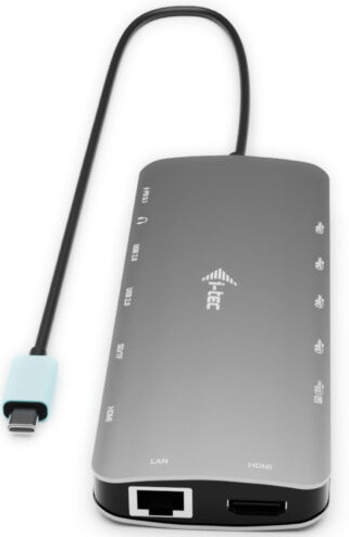 Dokovacia stanica i-tec USB-C Metal Nano 3x Display, 2x HDMI 1x USB-C video, PD 140W + Universal Charger 140 W strieborná farba Horný pohľad na dokovaciu stanicu i-tec s USB-C káblom a konektormi LAN a HDMI.