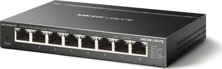 Čierny switch Mercusys MS108GS-M2 s ôsmimi sieťovými portami RJ45 na prednej strane.
