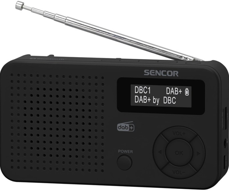 Rádioprijímač DAB+ Sencor SRD 7210B v čiernom prevedení s LCD displejom a teleskopickou anténou