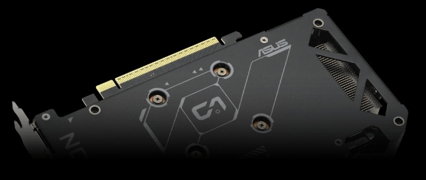 Grafická karta Asus Dual AMD Radeon RX 9060 XT 8GB čierna Zadný kovový backplate Asus Dual RX 9060 XT s elegantným geometrickým vzorom