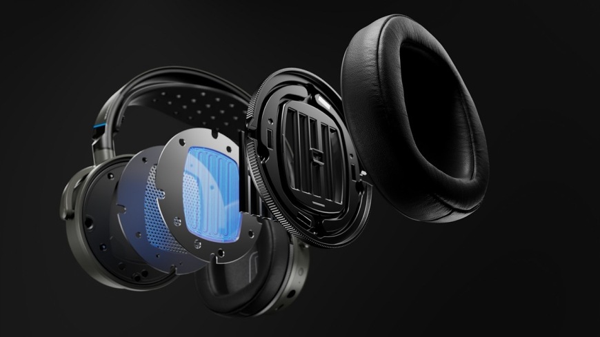 Headset Audeze Maxwell 2 PlayStation sivý Detail konštrukcie meniča a náušníka vo vrstvenom reze