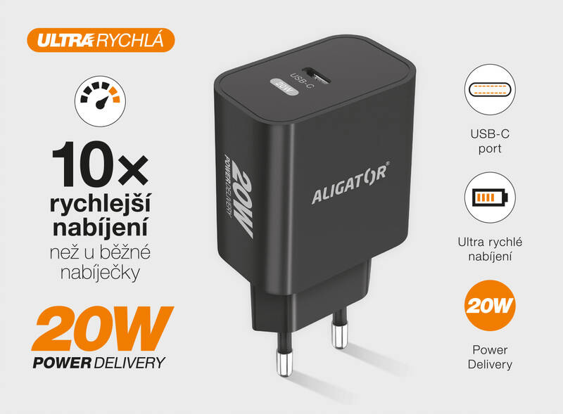 Nabíjačka do siete Aligator Power Delivery 20W, USB-C + USB-C kábel čierna Nabíjačka do siete Aligator Power Delivery 20W, USB-C + USB-C kábel čierna