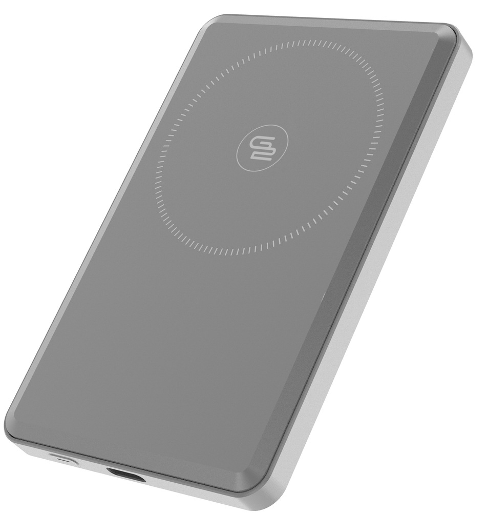 Magnetická powerbanka GoGEN 5000 mAh s bezdrôtovým nabíjaním typu MagSafe a Qi2 v šedej farbe