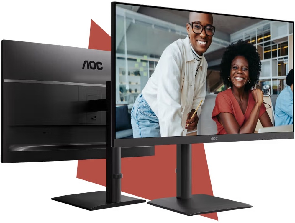 Monitor AOC U27E4CV čierny Monitor AOC U27E4CV spredu aj zozadu s ergonomickým stojanom umožňujúcim nastavenie výšky a náklonu
