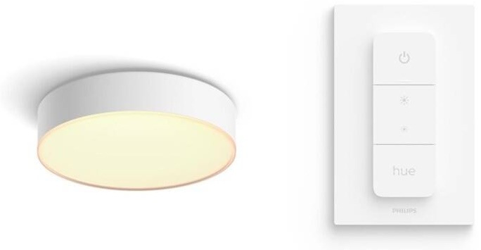 Stropné svietidlo Philips Hue Enrave S v bielej farbe s ovládačom Hue Dimmer Switch V2 na stene