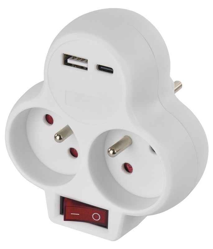 Rozbočovacia zásuvka EMOS 2x zásuvka, 1x USB, 1x USB-C, vypínač biela