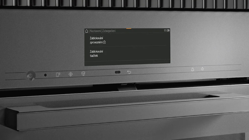 Rúra Miele H 7440 BM béžová Displej kde je vidieť funkcie zablokovania sprevádzkovania rúry Miele H 7440 BM