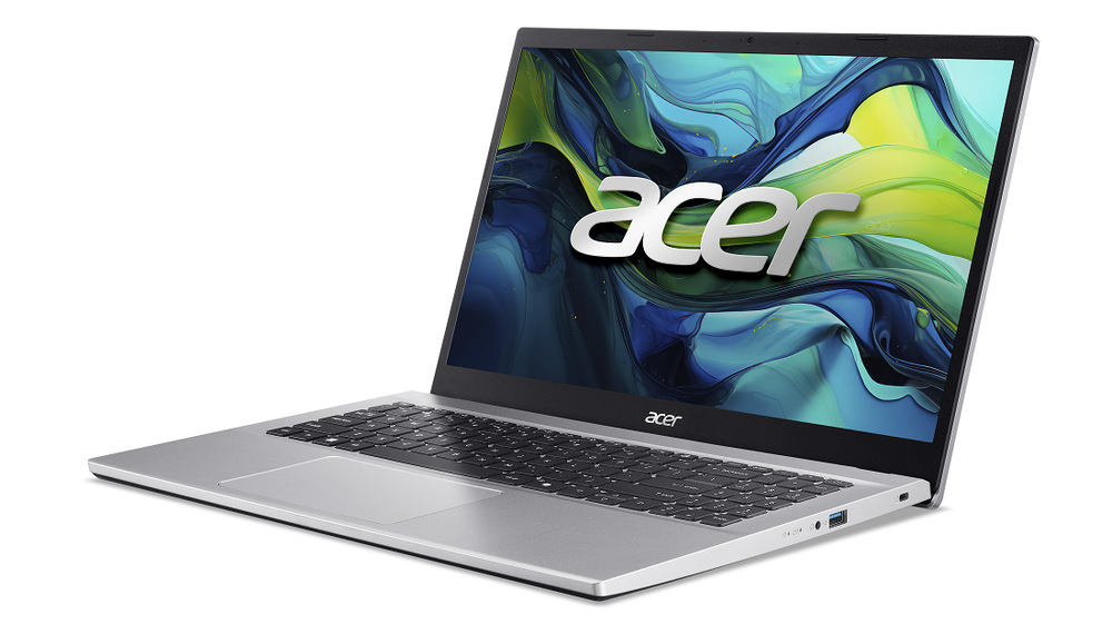 Otvorený a zapnutý notebook Acer Aspire Go 15 (AG15-42P-R7KD) otočený doľava