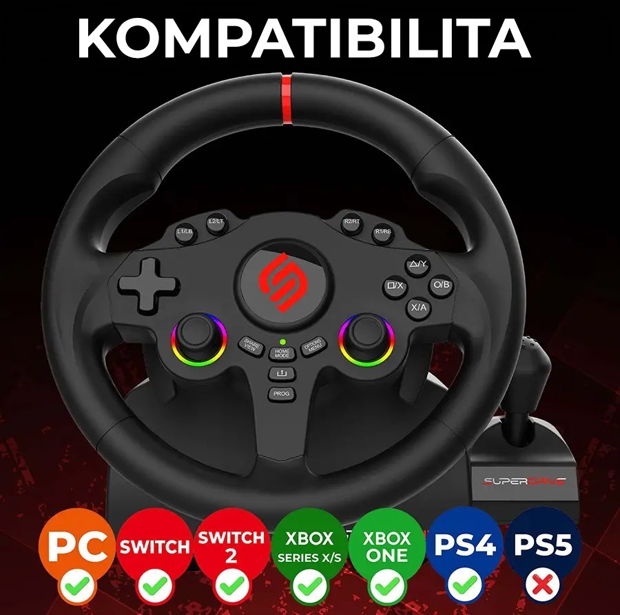 Čierny herný volant s farebnými tlačidlami a logom uprostred. Text spoločne s ikonami a zaškrtávacími políčkami PC, Switch, Xbox a PS5 vyjadruje kompatibilitu s rôznymi hernými platformami.