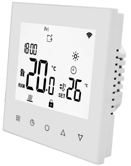 Termostat Elektrobock PT740W-NP WIFI biely Detail displeja termostatu Elektrobock PT740W-NP WiFi s dotykovým ovládaním