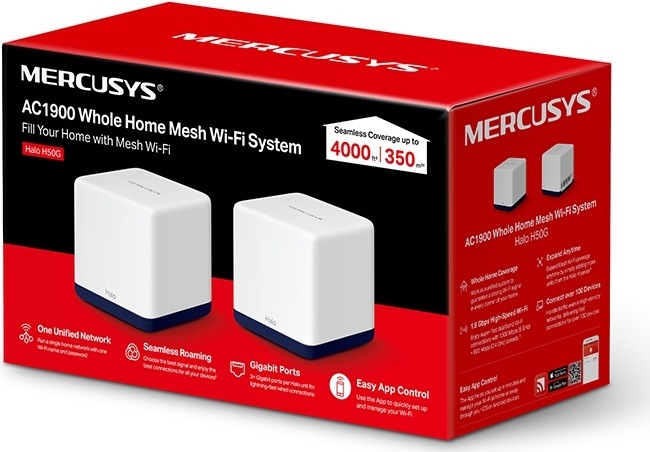 Kompletný Wi-Fi systém Mercusys Halo H50G (2 ks) biely Na obrázku je predajná krabica Wi-Fi systému Mercusys Halo H50G. Obal je červeno-čierny a na prednej strane sú vyobrazené dve biele jednotky Halo s tmavo modrou spodnou časťou. Text na krabici uvádza, že ide o AC1900 Whole Home Mesh Wi-Fi System na pokrytie celej domácnosti.