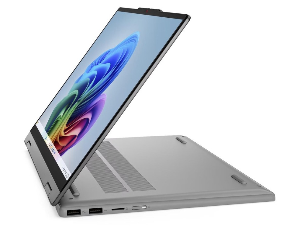 Notebook Lenovo IdeaPad 5 2-in-1 15AGP11 sivý Notebook Lenovo IdeaPad 5 2-in-1 14AGP11 postavený do pozície prezentácie