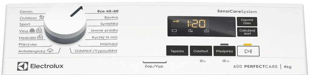 Práčka Electrolux Série 600 EW6T106C biela Ovládací panel práčky Electrolux EW6T106C radu 600 SensiCare s vrchným plnením