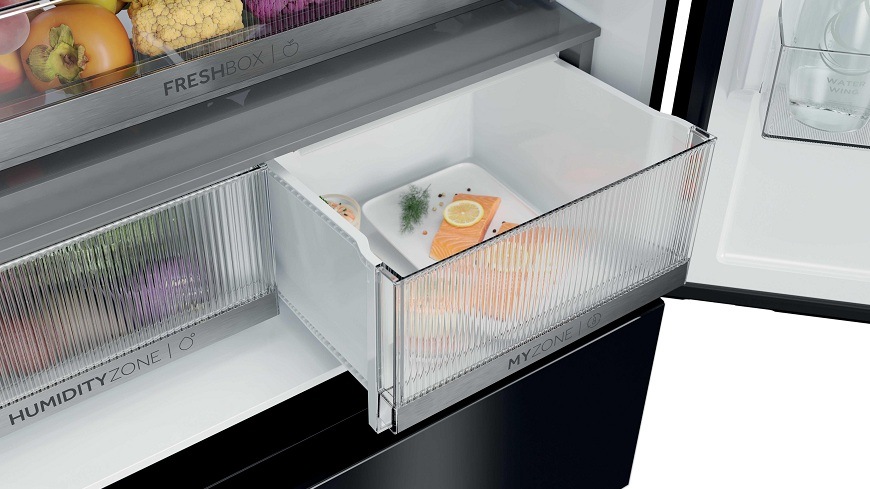 Americká chladnička Haier HFKR7819DNGB čierna/sklo zásuvka my zone v čiernej chladničke french door haier HFKR7819DNGB