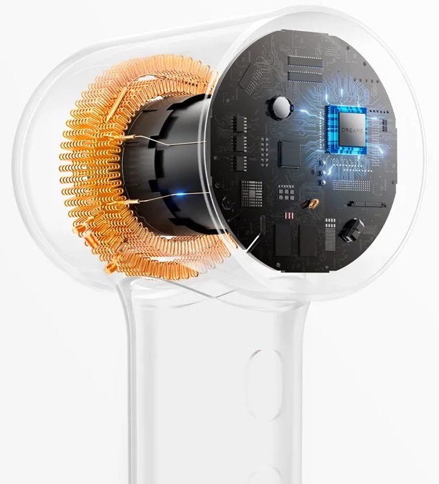 Rez sušičom Dreame Hair Mini zobrazujúci vysokorýchlostný motor a vnútornú elektroniku pre efektívne prúdenie vzduchu