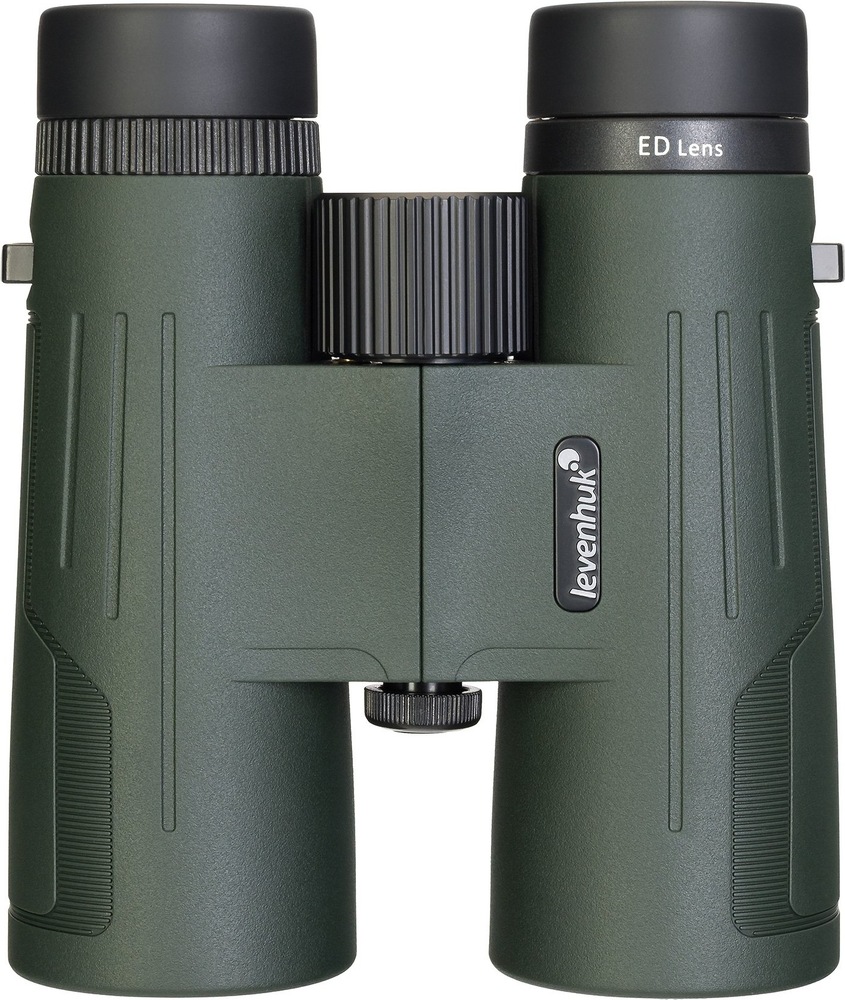 Ďalekohľad Levenhuk New Karma PRO ED 12x42 zelený Pohľad zhora na ďalekohľad s centrálnym ostriacim kolieskom a čiernymi očnicami