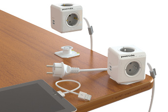 Kábel predlžovací Powercube Extended USB, 4x zásuvka, 2x USB, 1,5m sivý/biely
