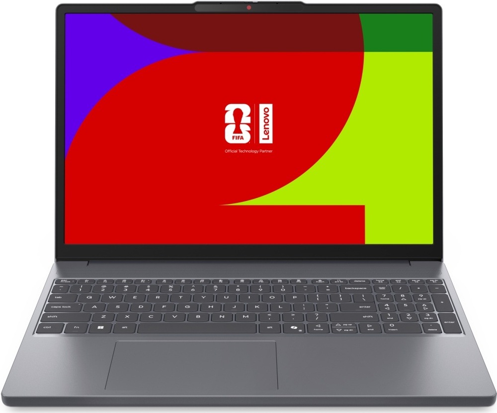 Notebook Lenovo IdeaPad Slim 3 15IPH11 sivý Čelný pohľad na notebook Lenovo s výraznou grafikou FIFA na displeji