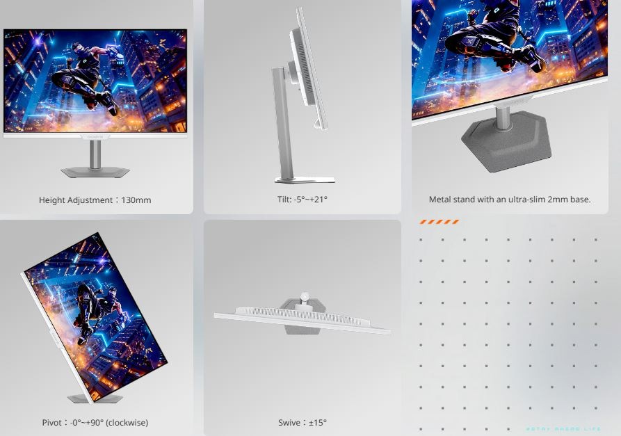 Koláž elegantného čierneho herného monitora zobrazeného z rôznych uhlov, s dôrazom na jeho štíhly profil, texturovanú základňu a displej s 3D grafikou.