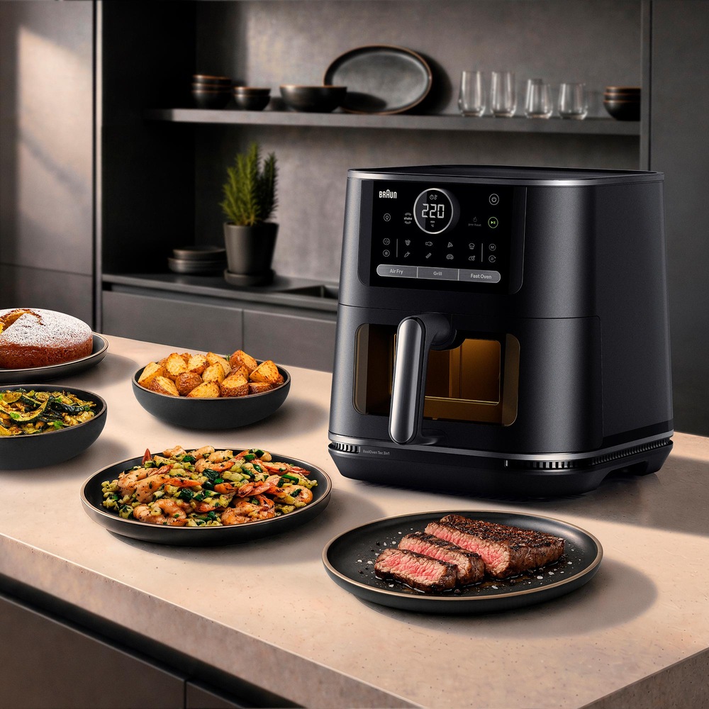 Fritéza teplovzdušná Braun MultiFry 7 HF7076BK čierna Fritéza Braun Multifry 7 HF7076BK v kuchyni s hotovými pokrmami na tanieroch