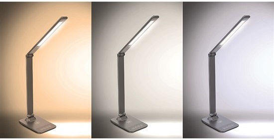 Stolná lampa Solight stmievateľná, 10W, bezdrôtové nabíjanie telefónu sivá změna teploty světla lampička Solight