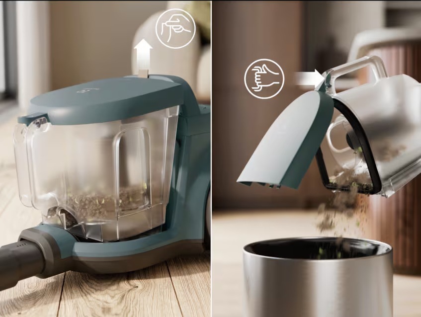 XXL prachová nádoba modelu Electrolux EL31C2OG sa vysype stlačením tlačidla