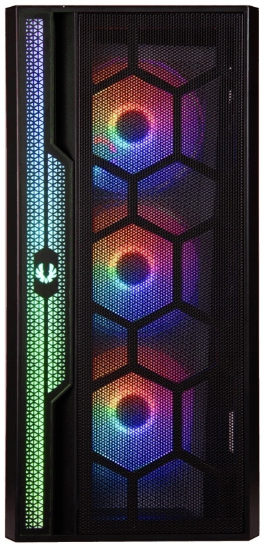 Case BitFenix Apollo čierna Predná, jemne perforovaná strana skrine so svietiacimi troma ventilátormi.