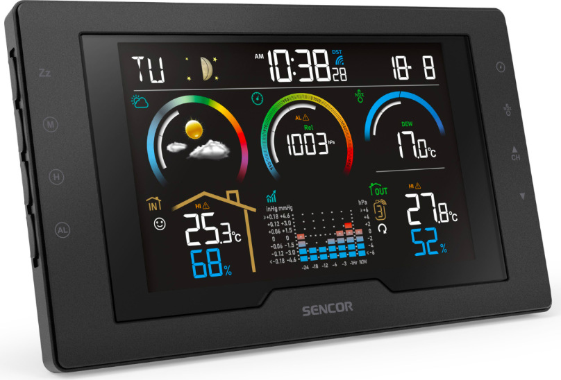 Detail displeja meteostanice Sencor SWS 8000 s ikonami počasia a grafom tlaku
