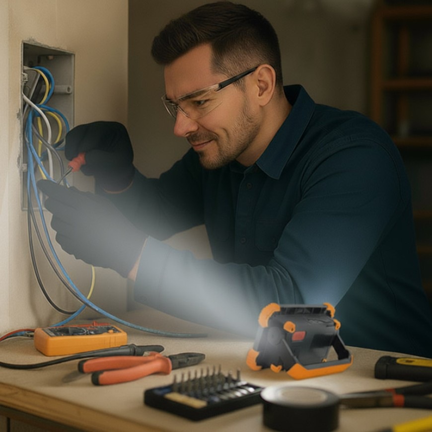 Reflektor Solight Prenosný, nabíjací, 10W, 1000lm čierny/oranžový Prenosný nabíjací LED reflektor použitý pri práci na elektroinštalácii