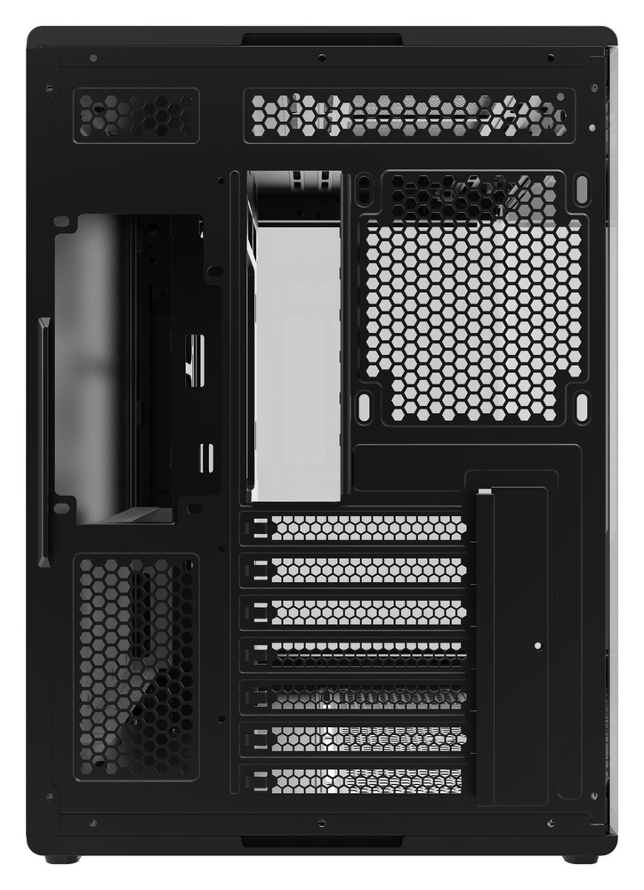 Pohľad do PC skrine cez mriežky pre ventilátory.