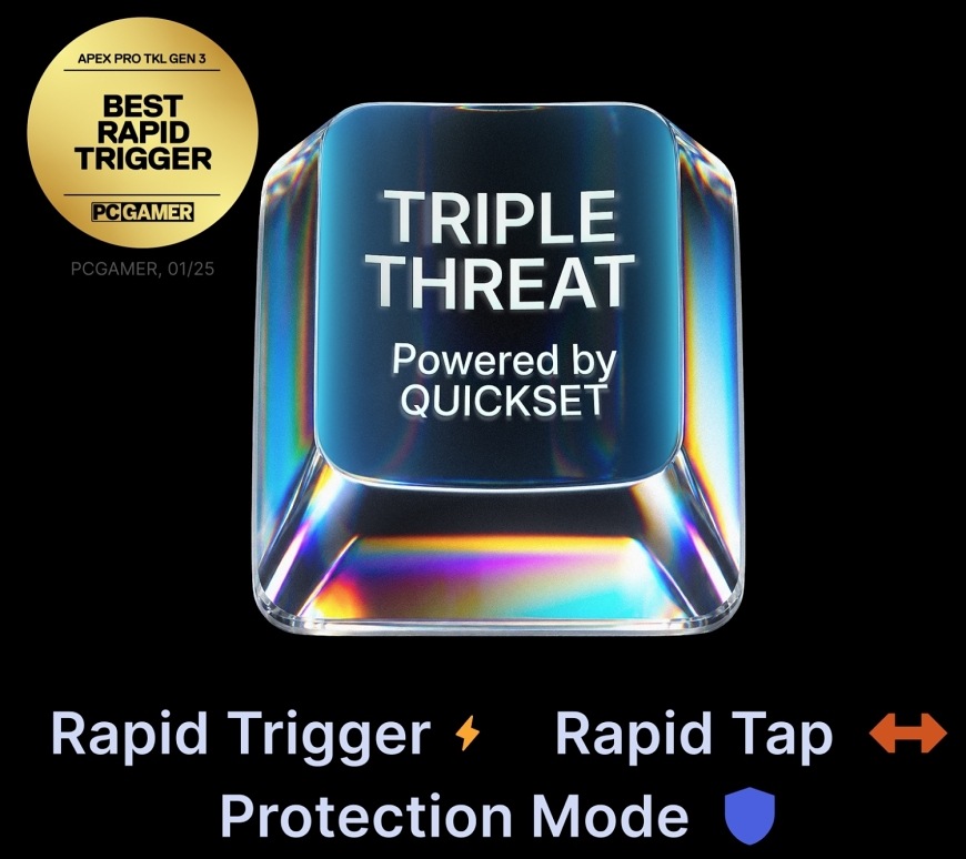 Klávesnica SteelSeries Apex Pro TKL Gen 3 Steel - CZ čierna Grafika Triple Threat Powered by QuickSet s funkciami Rapid Trigger, Rapid Tap a Protection Mode