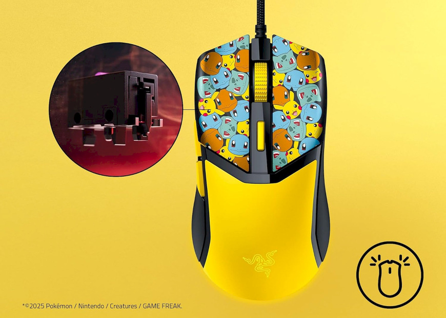 Myš Razer COBRA Pokémon Kanto Starters Ed. žltá Detail spínača a horného panelu hernej myši Razer Cobra Pokémon s motívom Kanto štartérov
