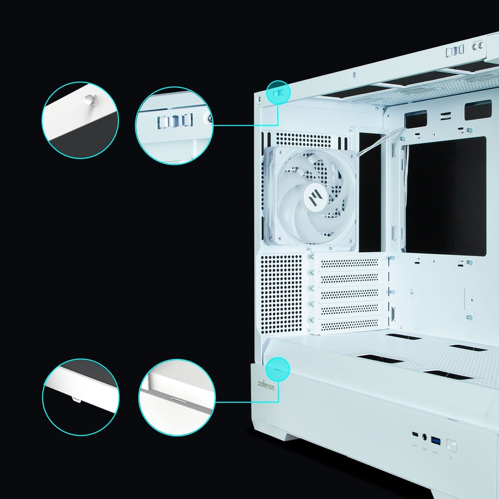 Case Zalman P30 White V2 biela Detailný záber bielej počítačovej skrine Zalman s bielym chladiacim ventilátorom, sieťovým panelom a zvýrazneným tlačidlom napájania a detailmi značky na štruktúrovanom pozadí.