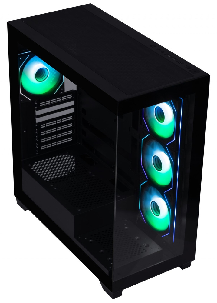 Na snímke je pc skriňa case BitFenix ​​Premium v ​​čiernej farbe. Pohľad do vnútrajška skrine cez presklený horný ľavý roh. Tiež vidíme štyri RGB ventilátory a prázdny vnútorný priestor.