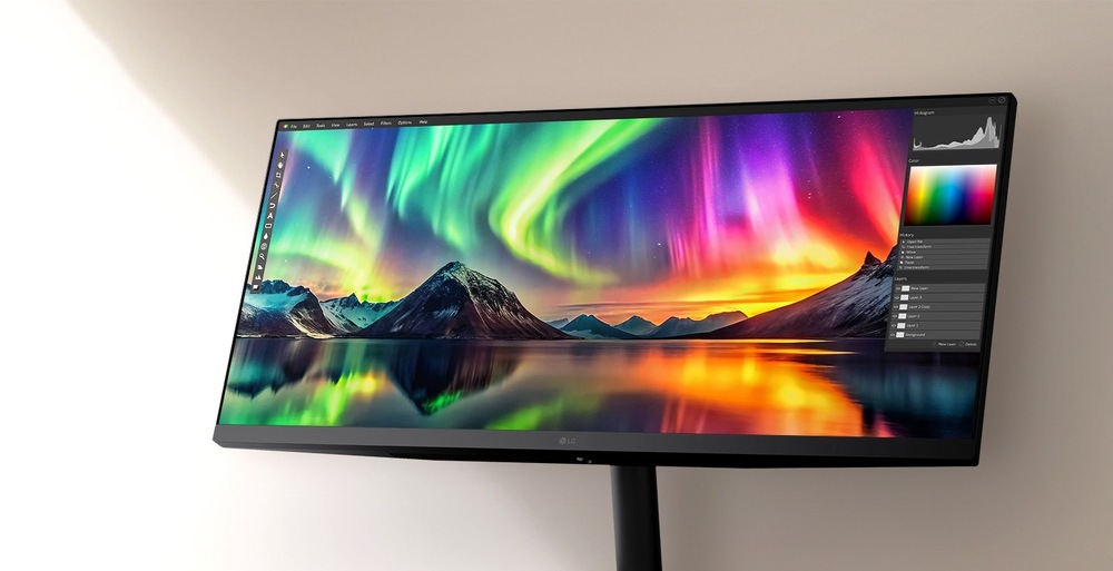 Širokouhlý monitor zobrazujúci žiarivú digitálnu grafiku s plynulými, viacfarebnými vlnami. Editačný softvér a nástroje na prácu s farbami sú viditeľné na elegantnej obrazovke.