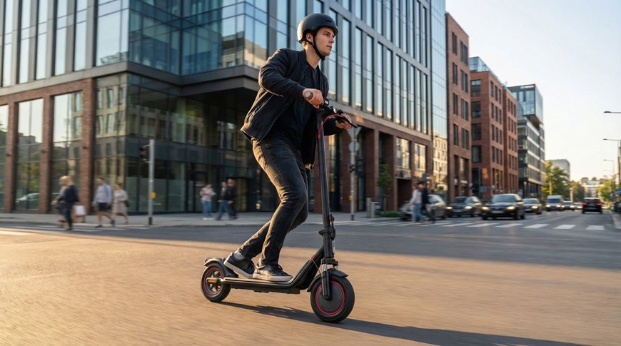Elektrická kolobežka Sencor SCOOTER S31 čierna Muž ide na elektrickej kolobežke Sencor SCOOTER S31 po mestskej ulici medzi modernými budovami a prechádza rušnou križovatkou. Má nasadenú helmu a sústredene sleduje prevádzku okolo seba. Dynamická scéna zachytáva pohodlný a rýchly pohyb po meste v každodennej prevádzke.