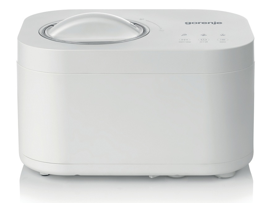 Predný pohľad na zmrzlinovač Gorenje ICM10W v bielom prevedení.