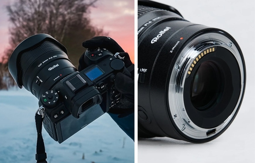 Fotoaparát s objektívom Rollei 24 mm AF f/1.8 a detail kovovej upevňovacej časti objektívu