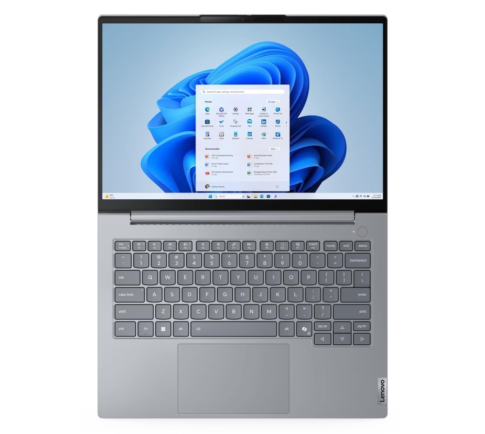Notebook Lenovo ThinkBook 14 G9 AHP sivý Zapnutý a otvorený na 180 ° notebook Lenovo ThinkBook 14 G9 AHP