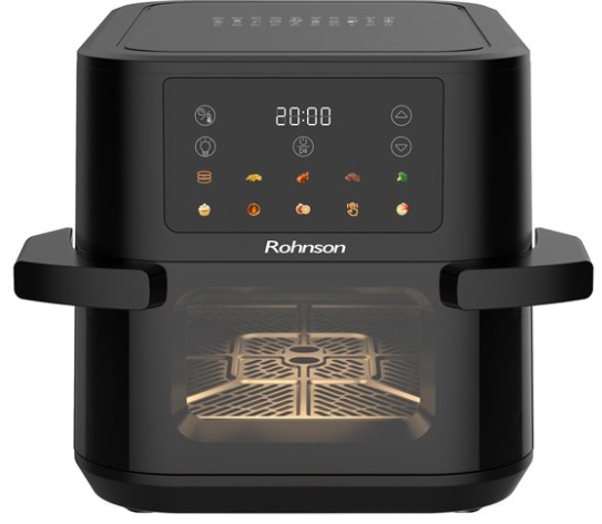 Teplovzdušná fritéza Rohnson R-2898 s objemom 10 l v čiernom prevedení s dotykovým displejom a priehľadovým okienkom.