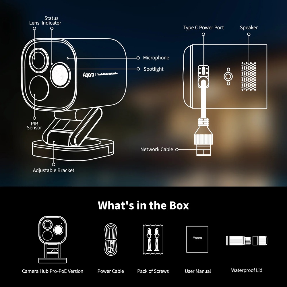 IP kamera Aqara Hub G5 Pro POE sivá Popis súčastí kamery Aqara Camera Hub G5 Pro PoE a obsah balenia.