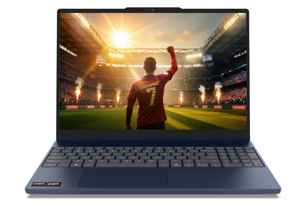 Notebook Lenovo IdeaPad 5 2-in-1 15AGP11 modrý Otvorený a zapnutý notebook Lenovo IdeaPad 5 15AGP11 s obrázkom futbalistu