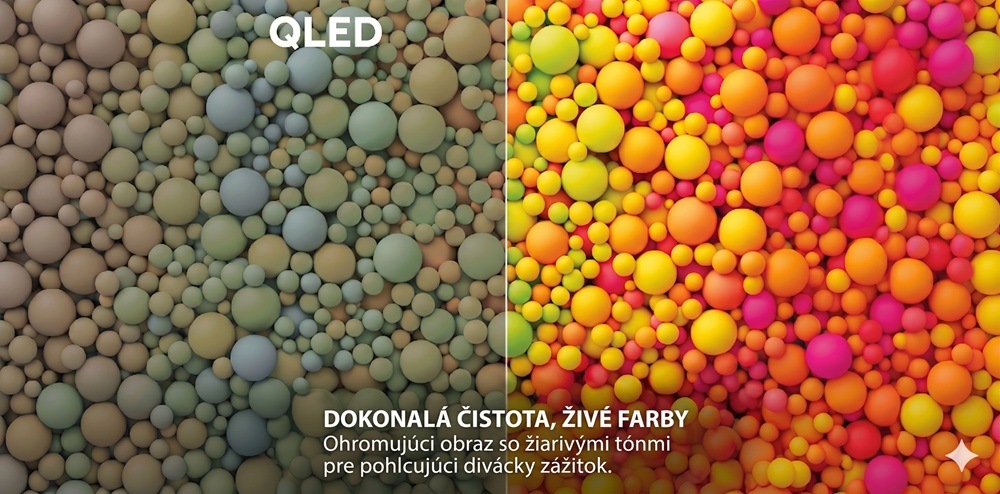 Televízor Haier H75S90GUX farebné guličky, obraz je rozdelený na saturovanejšiu a vyblednutú polovicu