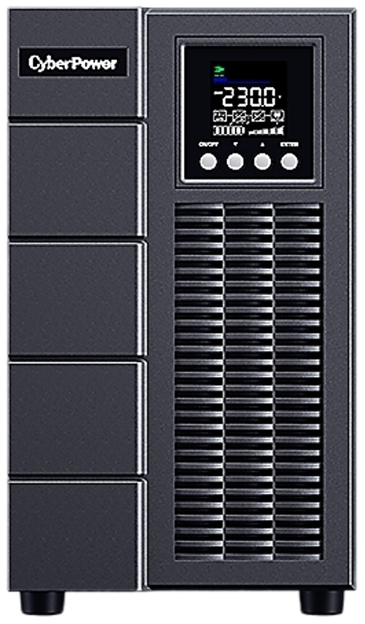 Záložný zdroj CyberPower OnLine S 3000VA/2700W, Tower čierny Na obrázku je vysoký čierny záložný zdroj CyberPower v prevedení tower. Na prednej strane má malý displej s prevádzkovými údajmi, pod ním štyri ovládacie tlačidlá a veľkú ventilačnú mriežku. Zariadenie pôsobí robustne, technicky a profesionálne.